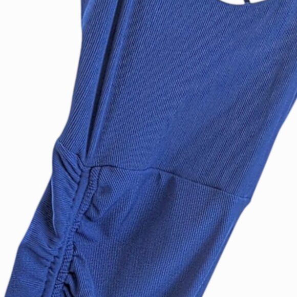 NWOT Royal Blue S Midi Dress Cross Back Spaghetti Strap Ruched Side Slit Bodycon - Picture 3 of 6